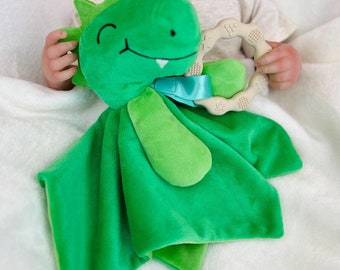 Dylan Dino Plush Toy with Teether: Dinosaur Lovey, Shower Gift, Security Blanket for Babies