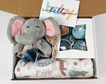 Elephant Baby BOY Gift Set: Lovey, 4-Pack Cupcake Onesies®, Blanket & Pacifier - Baby Shower Gift Box