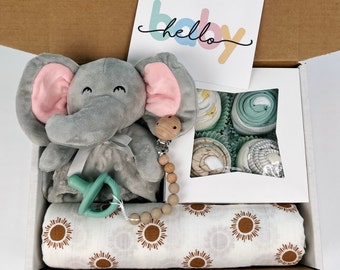 Elephant Themed Baby Gift Set: Gender Neutral Gift Box with Lovey, 4-Pack Cupcake Onesies®, Baby Boy or Baby Girl