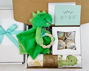 Dino Baby Gift Set: Stuffed Animal, Cupcake Onesies®, Blanket Newborn Basket