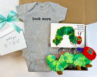 Book Lover Baby Gift Set: Bookworm Onesies®, Hungry Caterpillar Theme, Shower Present Welcome Box