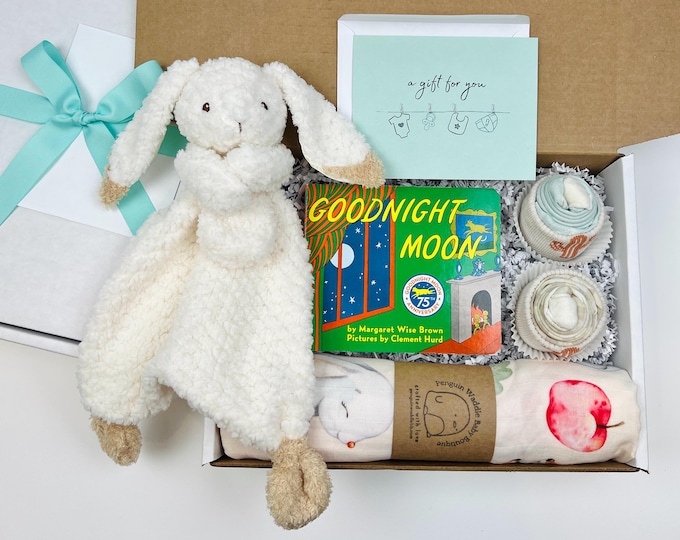 Featured listing image: Goodnight Moon Baby Gift Basket: Book, Onesies®, Blanket & Bunny Gift Box for New Baby Shower
