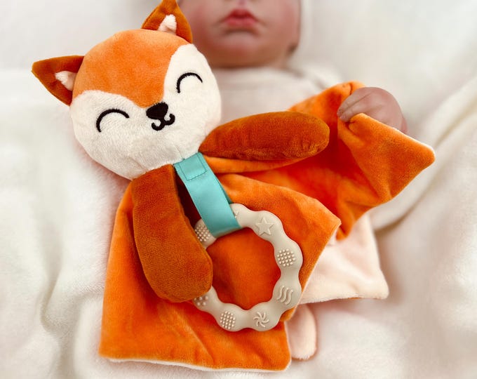 Featured listing image: Fox Plush Lovey Teething Toy: Minky Blanket, Baby Gift