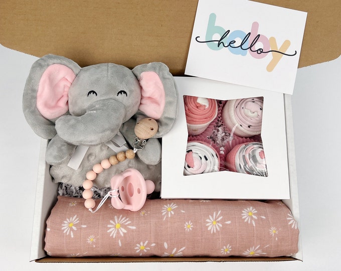 Featured listing image: Elephant Theme Baby GIRL Gift Basket: Stuffed Animal, Onesies®, Blanket & Pacifier Gift Set