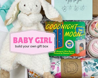 Personalized Newborn Girl Gift Basket: Book, Plush Toy, Onesies® & Essentials for Baby Shower