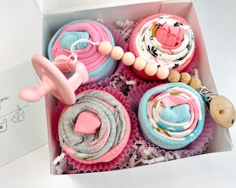 Baby GIRL Cupcake Onesies® Gift Set: 4 Bodysuits, Pacifier & Strap in Gift Box