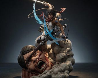Diorama de Mikasa Ackerman contra Titán hecho por fans – Figura de anime de Attack on Titan pintada a mano (Disponible en 2 tamaños ajustables)