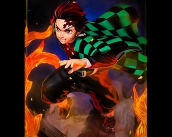 Figura de Tanjiro Kamado con la técnica de respiración de fuego, hecha por fans / Estatua de Demon Slayer pintada a mano (tamaño real o miniatura)