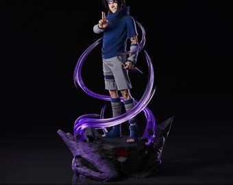 Figura de Sasuke Uchiha con marca de maldición hecha por fans / Estatua de anime Sharingan pintada a mano (con luz)