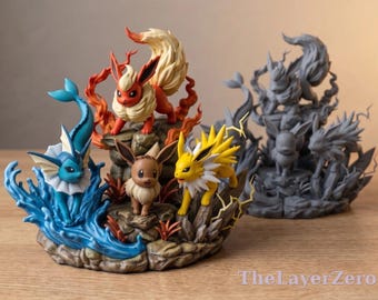 Diorama de Eeveelution hecho por fans / Figura de Vaporeon, Jolteon, Flareon, Eevee / Estatua de Pokémon impresa en 3D y pintada a mano