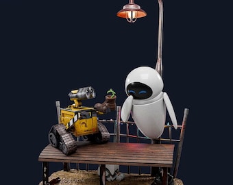 Diorama de pareja de robots de ciencia ficción: estatua de fan art impresa en 3D y pintada a mano (con LED disponible).