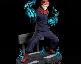 Diorama de hechicero inspirado en Yuji Idatori — Figura de anime pintada a mano hecha por fans / Estatua de energía maldita de Jujutsu Kaisen (con luz)