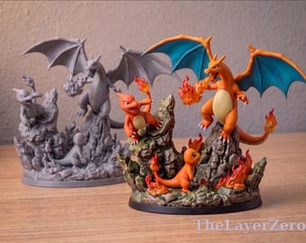 Diorama de la evolución de Charizard hecho por fans / Figura de Charmander, Charmeleon y Charizard / Estatua de Pokémon impresa en 3D pintada a mano / Iluminación LED
