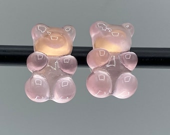 Pendientes de clip cómodos de osito de gelatina rosa, hechos a mano, de resina