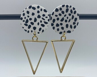 Black and white dalmatian print and gold triangle dangly clip on earrings, acrylic and zinc alloy, handmade