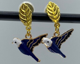 Blue and gold flying bird comfortable clip on earrings, handmade, enamel