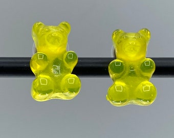 Yellow jelly bear comfortable clip on earrings, handmade, resin