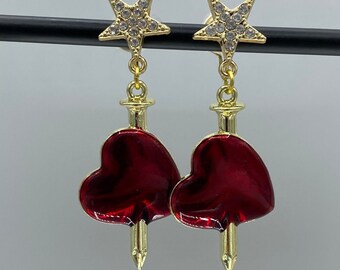 Sword through heart comfortable clip on earrings, handmade, red and gold, metal