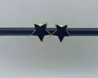 Black and gold star clip on earrings, enamel, handmade