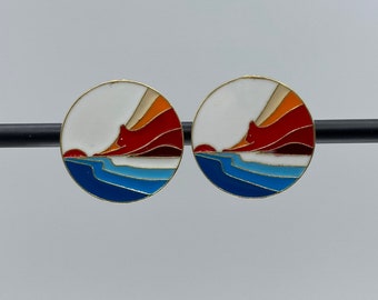 Round cat, sea and sunset comfortable clip on earrings, handmade, enamel