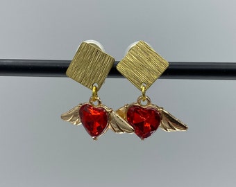 Red flying winged heart comfortable clip on earrings, handmade, brass