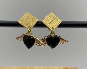 Black flying winged heart comfortable clip on earrings, handmade, brass