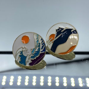 Round hidden cat comfortable clip on earrings, handmade, enamel