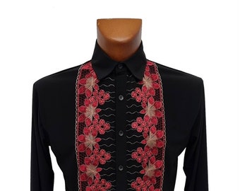 Men Shirt Black Red Flower Embroidered