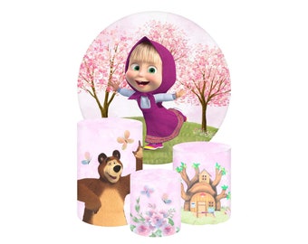 Masha and the Bear Round Backdrop Elastic Cylinders Covers Photo Background Birthday Party Plinth Covers (4 Pieces)