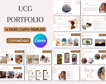May include: A customizable Canva template portfolio with 14 pages. The design features a neutral color palette with images and text. The portfolio includes sections for product photos, videos, and testimonials. The text includes "UGC PORTFOLIO" and "CUSTOMIZABLE".