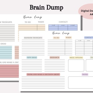 May include: Two printable "Brain Dump" sheets with lined sections for notes, to-do lists, and contact information. The sheets have sections labeled "Random Thoughts," "New Ideas," and "Think and Make a Decision About." The digital download is A4 size.