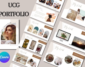 May include: A digital portfolio presentation titled "UCG PORTFOLIO" in black. The design includes a woman's portrait, product photos, and videos, with the Canva logo in the bottom left. The colour scheme is beige and brown, with decorative floral elements.