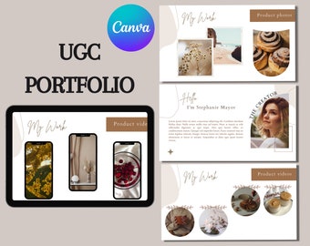 May include: A digital UGC portfolio presentation with the Canva logo. The presentation includes the text "UGC PORTFOLIO", "My Work", "Product photos", and "Product videos". The presentation also includes the text "Hello, I'm Stephanie Mayor".