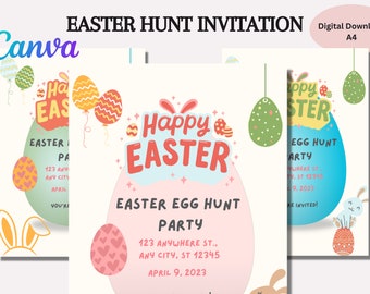 Easter party invite, Easter Egg Hunt Invitation, Bunny Invitation pastel, Easter Invitation, Easter Egg Editable Template, Easter brunch