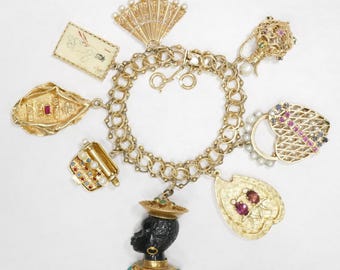 Pulseira vintage de ouro 14K com 8 berloques grandes