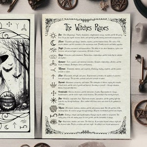 May include: A black and white illustration of a witch holding a cauldron with pumpkins around her. The image is surrounded by a decorative border with symbols. The text "The Witches Runes" is at the top of the page with a list of runes and their meanings.