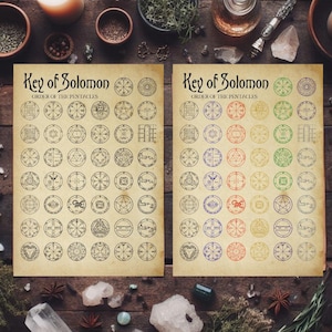 以下が含まれることがあります： 「ソロモンの鍵」の2つの羊皮紙プリント。円形のシンボルとテキストが特徴。片方は黒インク、もう片方はカラー。木製の表面に印刷されており、キャンドル、クリスタル、ハーブが配置されている。