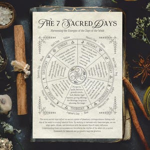 May include: A detailed chart titled "The 7 Sacred Days" with a circular design, featuring text and symbols related to astrology and rituals. The chart is surrounded by herbs, spices, and candles, creating a mystical aesthetic.