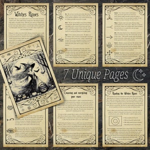 May include: A set of seven printable pages with instructions on how to use and read Witches Runes. The pages feature a vintage aesthetic with a black and white illustration of a witch in a forest with pumpkins and crows. The text includes the words "Witches Runes", "Cleansing and energizing your runes", and "Reading the Witches Runes".
