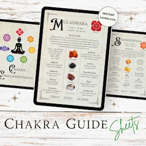 May include: Three digital chakra guide sheets on a wooden surface. The guides feature detailed information on each chakra, including background, body parts, functions, and essential oils. The text "Instant Download" is visible on one sheet. The overall theme is spirituality and wellness.