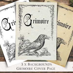 Op de afbeelding: Drie Grimoire-omslagpagina's met verschillende achtergronden. De omslagen tonen het woord "Grimoire" in gotische letters, decoratieve randen en een illustratie van een raaf. De tekst "3 x BACKGROUNDS Grimoire COVER PAGE" staat onderaan.