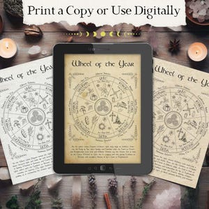 May include: A printable Wheel of the Year chart with illustrations of the eight sabbats, including Yule, Imbolc, Ostara, Beltane, Litha, Lammas, Mabon, and Samhain. The chart is on a beige background with a brown border.