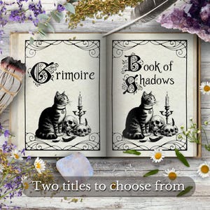 Okładka Grimoire Cat & Skull, Strony do druku Witchcraft, Wkładki do Księgi Cieni, Pobieranie cyfrowe, Wkładka Witchy, Strony Grimoire