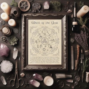 May include: A vintage-style print of the Wheel of the Year, a circular diagram depicting the eight Sabbats of the Wiccan calendar. The print features a hand-drawn illustration of a wheel with the names of the Sabbats in a circle around it. The print is on a beige background with a brown border.