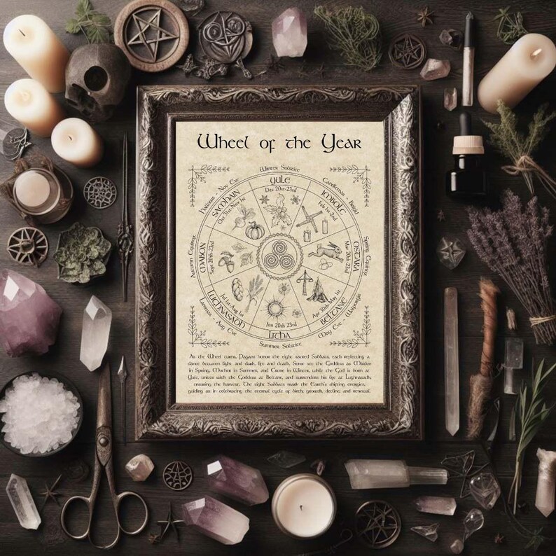 May include: A vintage-style print of the Wheel of the Year, a circular diagram depicting the eight Sabbats of the Wiccan calendar. The print features a hand-drawn illustration of a wheel with the names of the Sabbats in a circle around it. The print is on a beige background with a brown border.