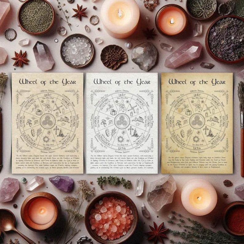 May include: Three printable Wheel of the Year charts with a vintage aesthetic. Each chart features a circle with 8 sections representing the different sabbats of the year. The charts are printed on a parchment-like background with a brown border.