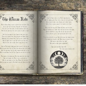 May include: An open book with a black and white illustration of a tree with three moons above it. The text on the page reads "The Wiccan Rede" and includes a poem about the Wiccan Rede.