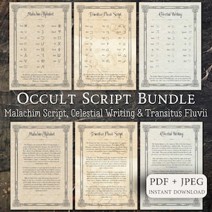 May include: An occult script bundle featuring Malachim Alphabet, Celestial Writing, and Transitus Fluvii. The image shows several parchment-style pages with ornate borders, displaying various symbols and text. The bundle is available in PDF and JPEG formats.