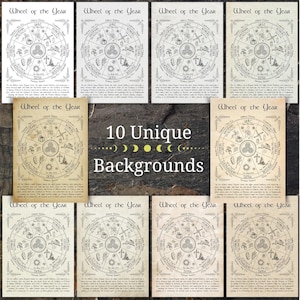 May include: Ten unique backgrounds featuring a black and white illustration of a wheel of the year with the text "Wheel of the Year" and "Lughnasadh" at the top. The wheel is divided into eight sections, each with a different symbol representing a different time of year.