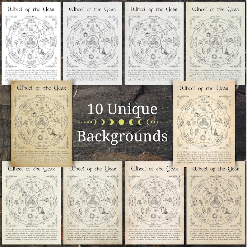 May include: Ten unique backgrounds featuring a black and white illustration of a wheel of the year with the text "Wheel of the Year" and "Lughnasadh" at the top. The wheel is divided into eight sections, each with a different symbol representing a different time of year.
